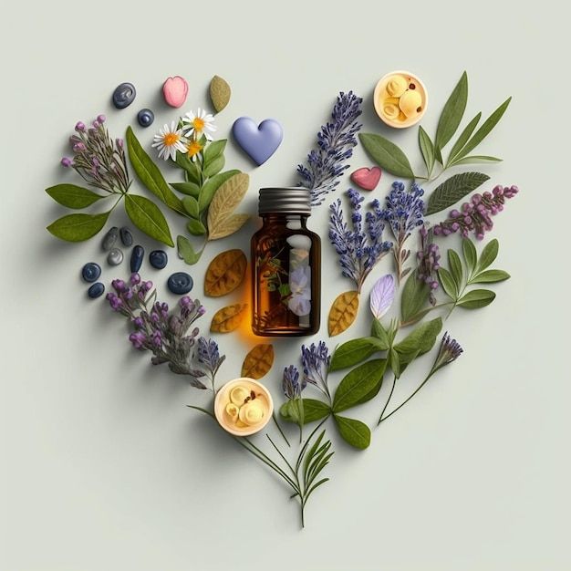 Natural phytotherapy remedies arranged in a heart