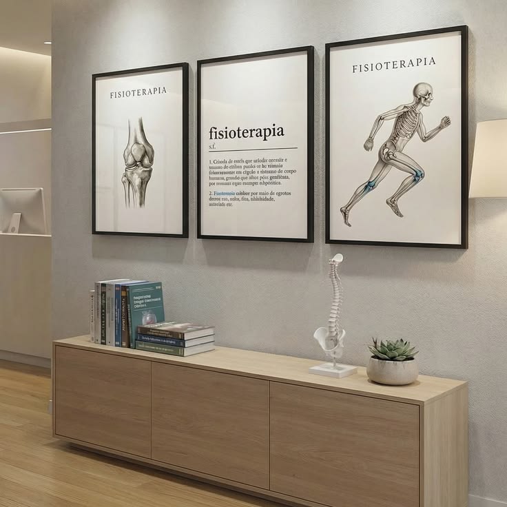 Framed physiotherapy illustrations on the clinic wall